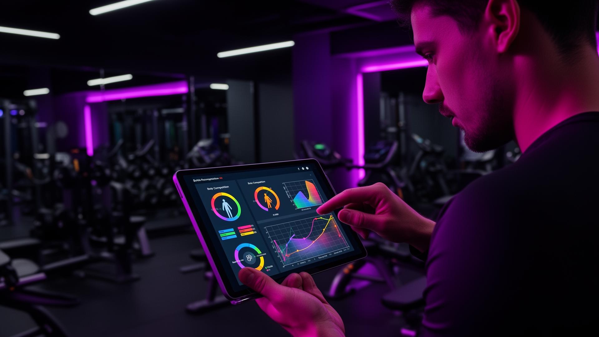 Personal trainer usando UpScore em um tablet com gráficos de evolução